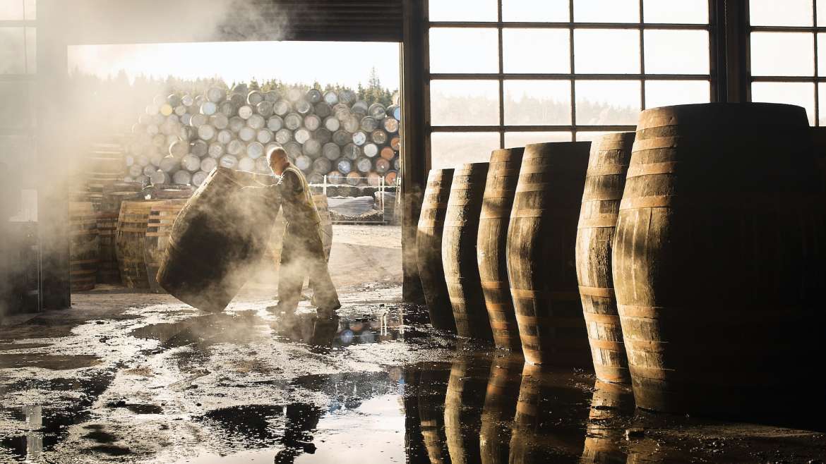 Male cooper working in cooperage with whisky casks
