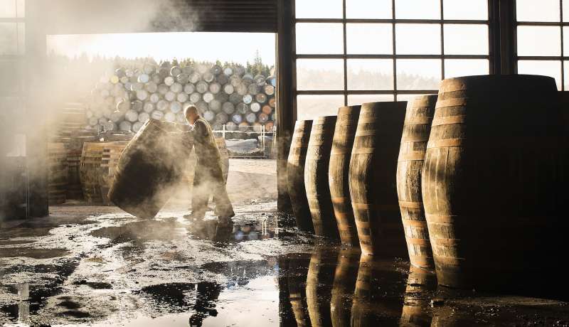 Male cooper working in cooperage with whisky casks